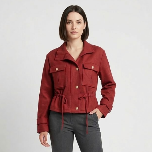 Elegante Utility-Jacke in Rot/Bordeaux – Struktur trifft auf Femininität